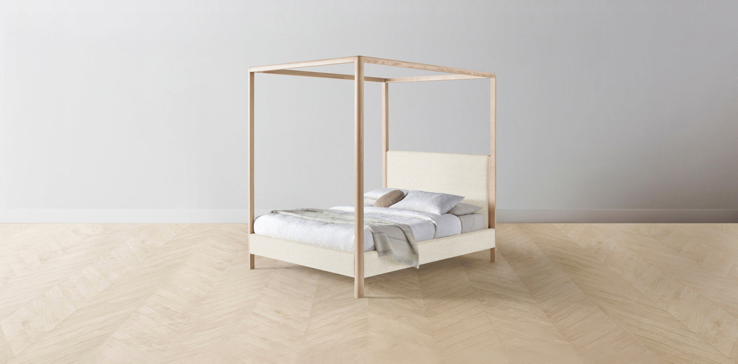 The Thompson - Italian Bouclé White Canopy Bed - 48" Headboard - Muslin on reverse