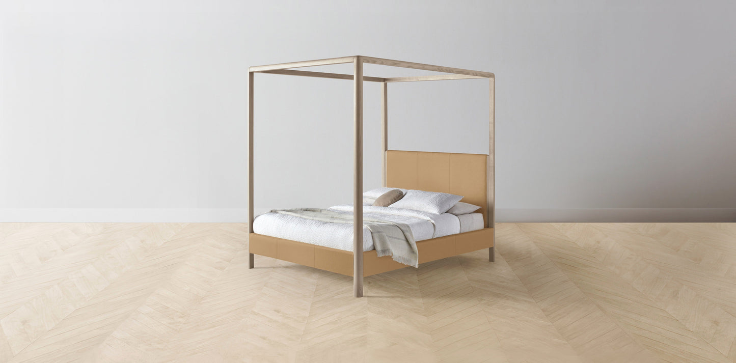 The Thompson - Pebbled Leather Latte Canopy Bed - 48" Headboard - Muslin on reverse
