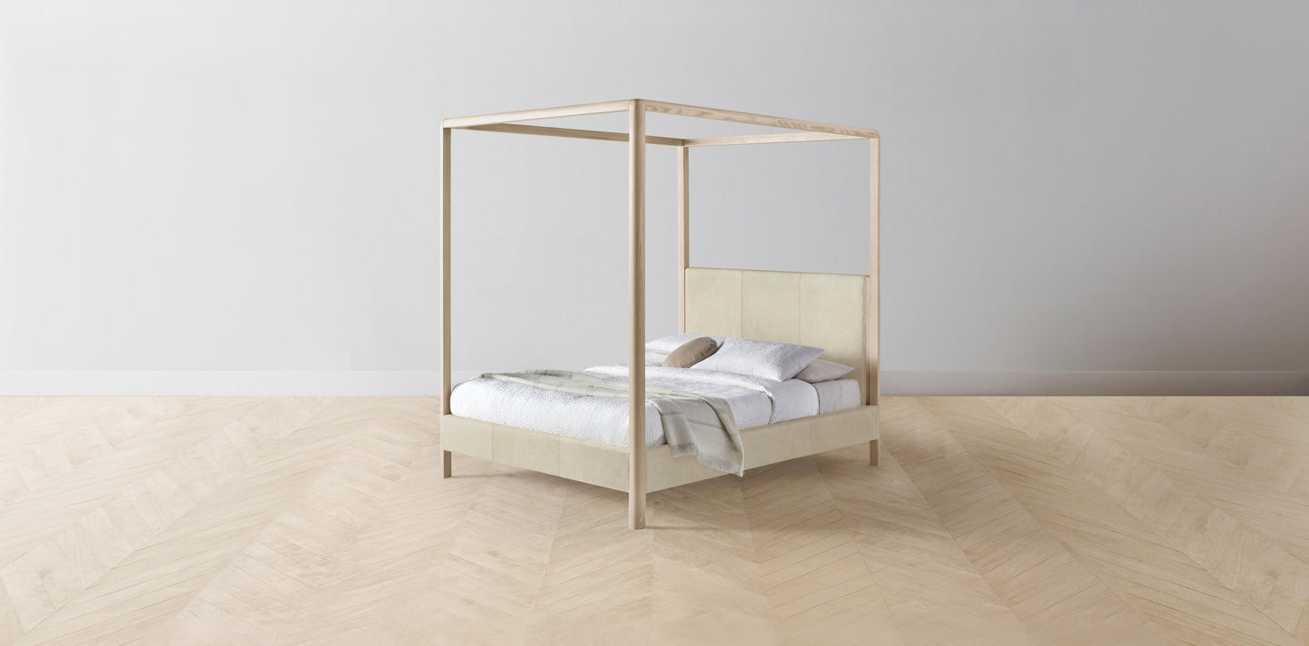 The Thompson - Tuscan Leather Bisque Canopy Bed - 48" Headboard - Upholstered on reverse